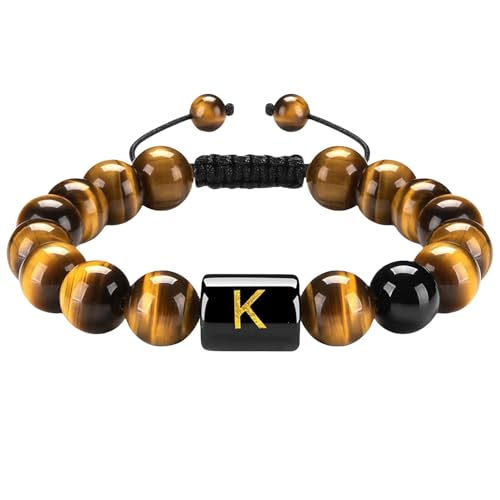 RWGSNB Edelstein Armband, 10 Mm Natürliche Tigerauge Steinarmbänder mit Az Buchstaben Anfangsperlen Edelsteinarmband Handgefertigt Geflochten Lebendiger Kristallarmreif Schmuckgeschenke für Fraue von RWGSNB