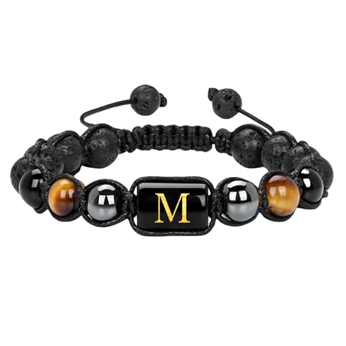 RWGSNB Edelstein Armband, 10 Mm Tigerauge Obsidian Edelsteinarmbänder mit Az Buchstaben Perlenarmbänder Handgefertigt Geflochten Personalisierte Kristallarmreifen Schmuckgeschenk für Männer und von RWGSNB