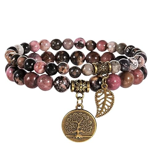 RWGSNB Edelstein Armband, 2Er Pack Chakra Armbänder Set Mehrschichtige Echte Steine Boho Schmuck Armreifen mit Lebensbaum Anhänger Energie Edelsteinperlen Freundschaftsarmreifen Kristallschmuck Rh von RWGSNB