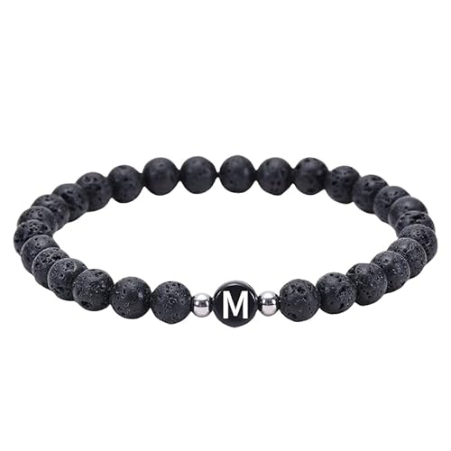 RWGSNB Edelstein Armband, 6 Mm Natürliche Schwarze Lavaperlen Steinarmbänder mit Az Buchstaben Zierliche Edelstein Anfangsarmbänder Dehnbarer Kristallarmreif Spiritueller Schmuck Geschenke für F von RWGSNB