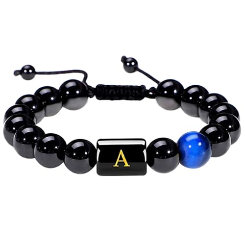 RWGSNB Edelstein Armband, Armbänder Aus Natürlichem Schwarzem Achat Edelstein mit Den Buchstaben Az Personalisierte Perlenarmbänder mit Initialen Verstellbare Geflochtene Kristallarmreifen Schmuc von RWGSNB