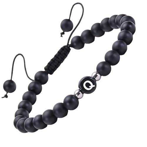 RWGSNB Edelstein Armband, Armband Aus Mattschwarzem Achat Edelstein mit Dem Buchstaben Az Zierliches Initialenarmband Verstellbar Geflochtenes Seil Reiki Perlen Steinarmreifen Kristalle Schmuck Gesc von RWGSNB