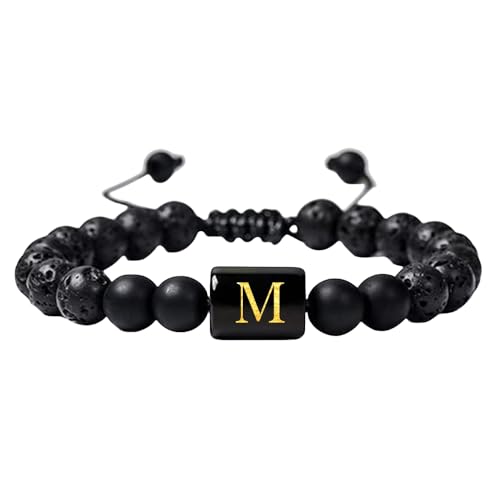 RWGSNB Edelstein Armband, Damen Herren Perlen Edelsteinarmband mit Buchstabe Az Natürliches Schwarzes Lava Achat Steinarmband Verstellbar Geflochtenes Seil Initialen Armreifen Kristallschmuck Gesch von RWGSNB