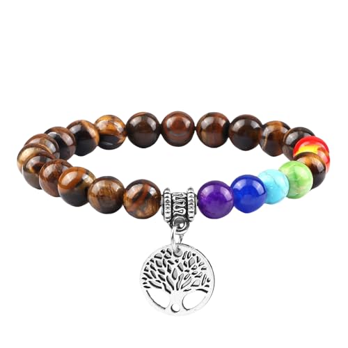 RWGSNB Edelstein Armband, Echte Steine Chakra Armband mit Lebensbaum Reiki Yoga Armreifen Natürlicher Edelstein Chakra Steine Angst Armreifen Energiekristall Schmuck Geschenke für Frauen Männer T von RWGSNB