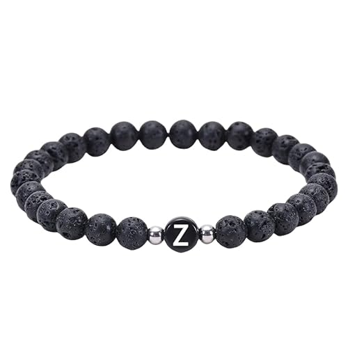 RWGSNB Edelstein Armband, Edelstein Perlen Anfangsarmband für Paare 6 Mm Natürliche Schwarze Lavastein Armbänder mit Az Buchstaben Dehnbarer Spiritueller Kristallarmreif Zierliche Schmuckgeschenk von RWGSNB