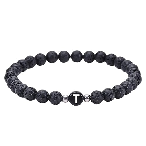 RWGSNB Edelstein Armband, Edelstein Perlen Anfangsarmband für Paare 6 Mm Natürliche Schwarze Lavastein Armbänder mit Az Buchstaben Dehnbarer Spiritueller Kristallarmreif Zierliche Schmuckgeschenk von RWGSNB