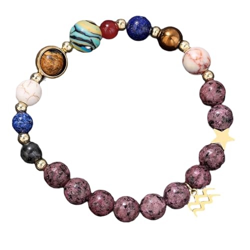 RWGSNB Edelstein Armband, Edelsteinarmband mit Sonnensystem und Anhänger mit 12 Sternbildern 8 Mm Natürliche Violette Granitperlen Steinarmbänder Schutzkristall Armreifen für Männer und Frauen von RWGSNB
