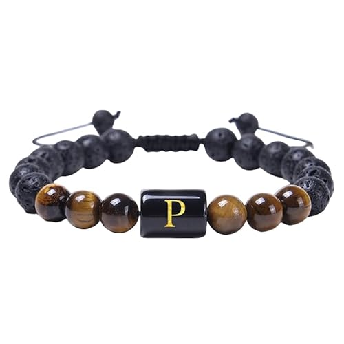 RWGSNB Edelstein Armband, Herren Damen Initialen Perlenarmbänder Natürlicher Schwarzer Onyx Tigerauge Stein Armband Az Buchstabe Handgefertigt Geflochtenes Armbänder Edelstein Armreifen Personali von RWGSNB