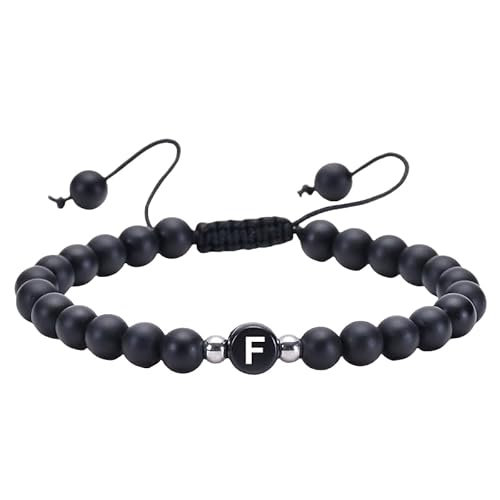 RWGSNB Edelstein Armband, Initialen Armband für Paare 6 Mm Mattschwarzes Achat Perlen Edelstein Armbänder mit Dem Buchstaben Az Verstellbare Geflochtene Seil Stein Armreifen Zierlicher Kristallsch von RWGSNB