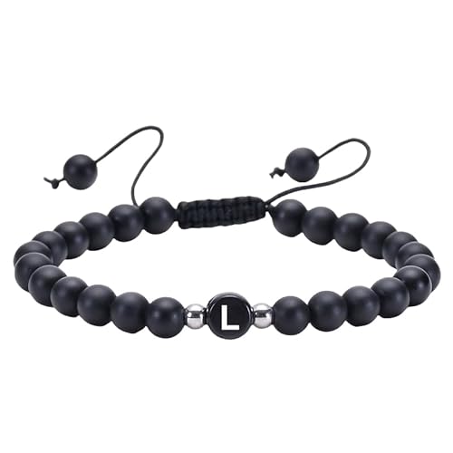 RWGSNB Edelstein Armband, Initialen Armband für Paare 6 Mm Mattschwarzes Achat Perlen Edelstein Armbänder mit Dem Buchstaben Az Verstellbare Geflochtene Seilstein Armreifen Zierlicher Kristallschm von RWGSNB