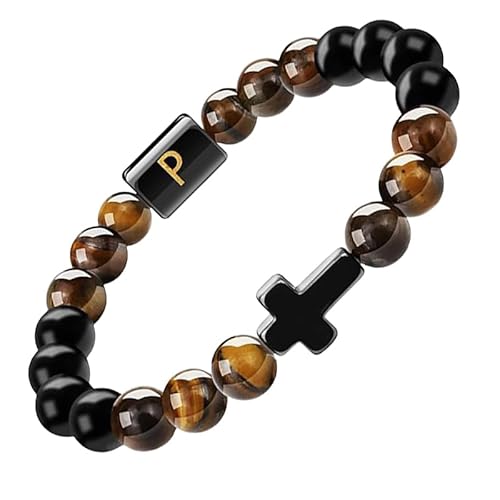 RWGSNB Edelstein Armband, Initialen Perlenarmbänder für Damen und Herren 10 Mm Mattschwarzer Achat Tigerauge Steinarmbänder Buchstaben Az Verstellbar Geflochtenes Seil Edelstein Armreifen Schmuck von RWGSNB