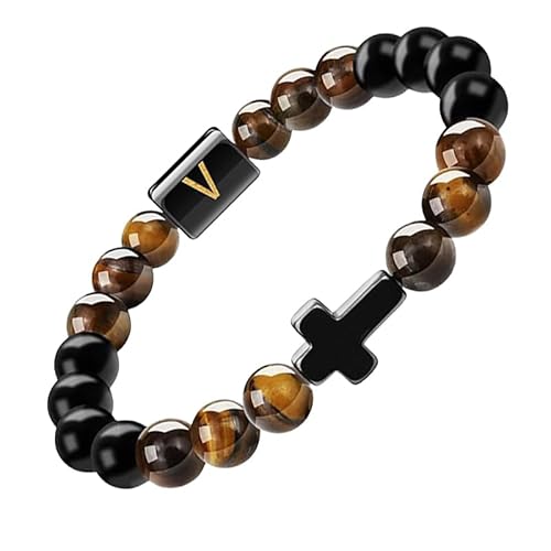 RWGSNB Edelstein Armband, Initialen Perlenarmbänder für Damen und Herren 10 Mm Mattschwarzer Achat Tigerauge Steinarmbänder Buchstaben Az Verstellbar Geflochtenes Seil Edelstein Armreifen Schmuck von RWGSNB