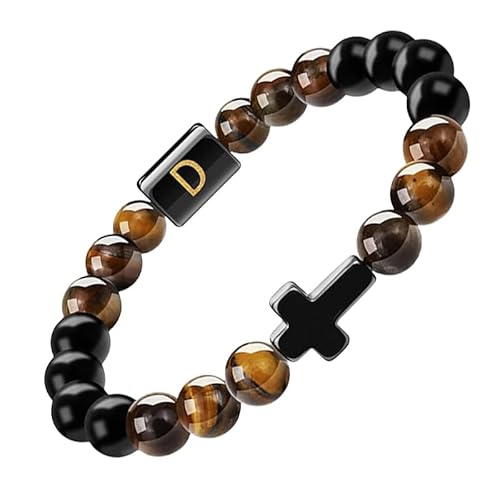 RWGSNB Edelstein Armband, Initialen Perlenarmbänder für Damen und Herren 10 Mm Mattschwarzer Achat Tigerauge Steinarmbänder Buchstaben Az Verstellbar Geflochtenes Seil Edelstein Armreifen Schmuck von RWGSNB