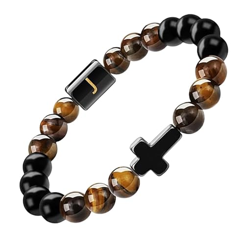 RWGSNB Edelstein Armband, Initialen Perlenarmbänder für Damen und Herren 10 Mm Mattschwarzer Achat Tigerauge Steinarmbänder Buchstaben Az Verstellbar Geflochtenes Seil Edelstein Armreifen Schmuck von RWGSNB
