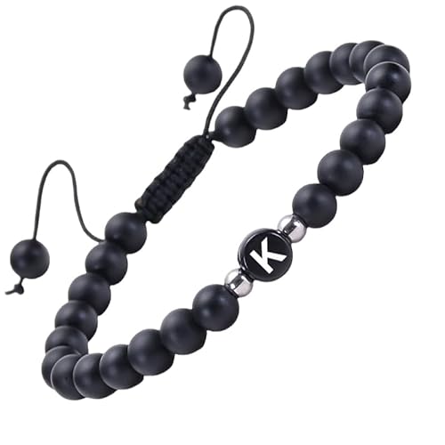 RWGSNB Edelstein Armband, Mattschwarzes Achat Edelsteinarmband mit Dem Buchstaben Az Zierliches Initialenarmband Verstellbar Geflochtenes Seil Reiki Perlen Steinarmreifen Kristalle Schmuck Geschenk von RWGSNB