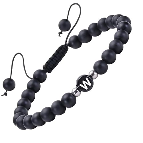 RWGSNB Edelstein Armband, Mattschwarzes Achat Edelsteinarmband mit Dem Buchstaben Az Zierliches Initialenarmband Verstellbar Geflochtenes Seil Reiki Perlen Steinarmreifen Kristalle Schmuck Geschenk von RWGSNB