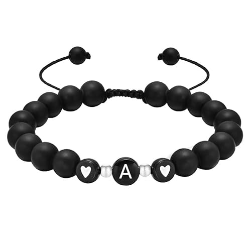 RWGSNB Edelstein Armband, Personalisiertes Initialenarmband für Paare Mattschwarzes Achatperlen Edelsteinarmband Handgefertigt Geflochtenes Seil Buchstabe Az Steine Armreifen Kristallschmuck Gesche von RWGSNB