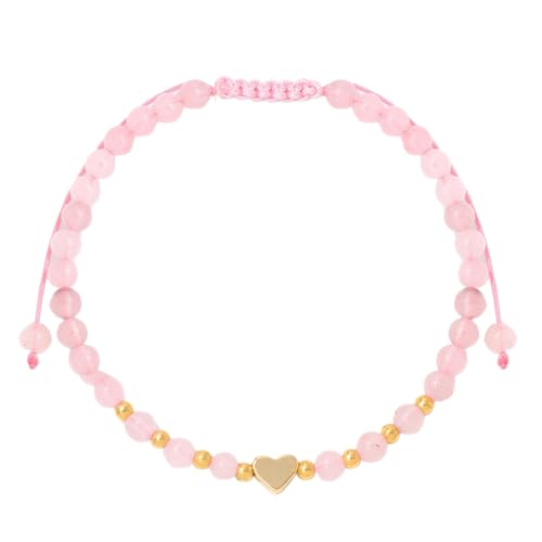 RWGSNB Edelstein Armband Bergkristall 4 Mm Natürliches Rosenquarz Armband für Damen und Mädchen Zierliche Goldene Herz Armreifen Verstellbares Geflochtenes Seil Naturstein Armreifen Reiki Yoga He von RWGSNB