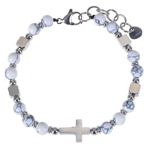 RWGSNB Edelstein Armband Bergkristall 6 Mm Natursteinarmband für Damen und Herren Zierliches Kreuzarmband Verstellbarer Karabinerverschluss Trendige Perlenarmreifen mit Edelsteinen Reiki Heilkrista von RWGSNB