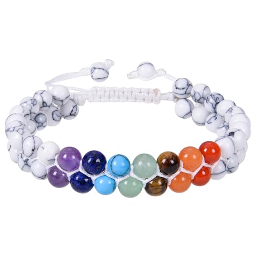 RWGSNB Edelstein Armband Bergkristall 7 Chakra Armband für Damen und Herren Wickelarmband mit Geschichteten Perlen Edelsteinarmband Verstellbar Handgefertigt Geflochtenes Seil Steinarmreifen Reiki von RWGSNB