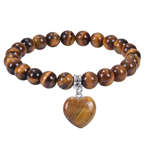 RWGSNB Edelstein Armband Bergkristall 8 Mm Armband Aus Natürlichem Tigerauge Stein für Damen und Herren Zierliche Herz Armreifen Stretch Heilkristall Armreifen Reiki Yoga Edelstein Handgefertigter von RWGSNB
