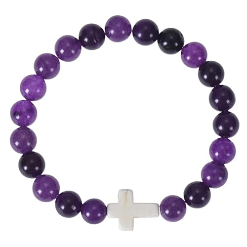 RWGSNB Edelstein Armband Bergkristall 8 Mm Natürliches Amethyst Armband für Frauen und Männer Zierliche Kreuz Armreifen Stretch Perlen Edelstein Armreifen Reiki Yoga Heilkristall Schmuck Spiritue von RWGSNB
