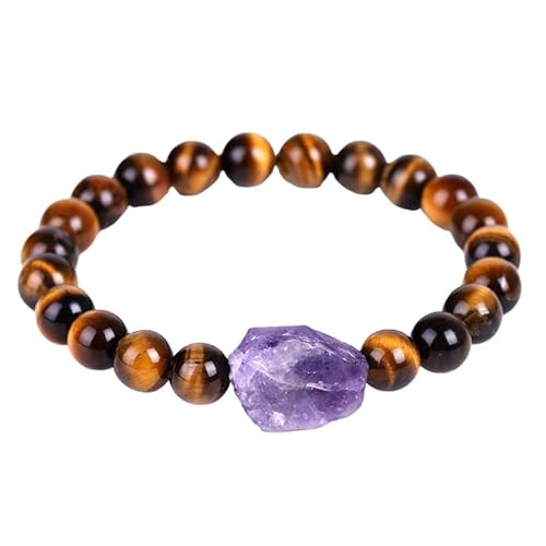 RWGSNB Edelstein Armband Bergkristall 8 Mm Natürliches Tigerauge Stein Armband für Männer Unregelmäßige Amethyst Armreifen Stretch Perlen Edelstein Armreifen Reiki Yoga Heilkristall Schmuck Spi von RWGSNB