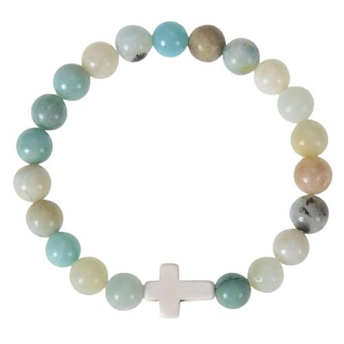 RWGSNB Edelstein Armband Bergkristall 8 Mm Naturfarbenes Jade Armband für Damen und Herren Zierliche Kreuz Armreifen Stretch Perlen Edelstein Armreifen Reiki Yoga Heilkristall Schmuck Spirituelle G von RWGSNB