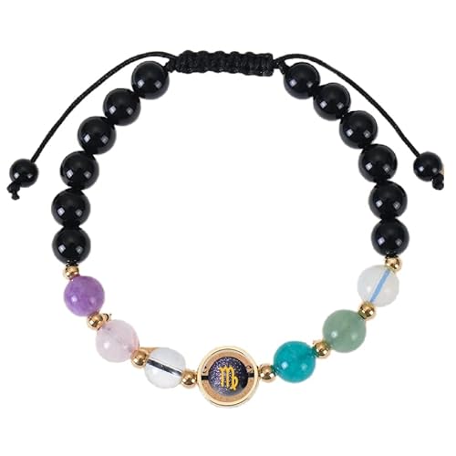 RWGSNB Edelstein Armband Bergkristall Sternzeichen Armbänder für Damen und Herren 8 Mm Naturstein Armband Verstellbar Handgefertigt Geflochtenes Seil Perlen Edelstein Armreifen Reiki Heilkristall von RWGSNB