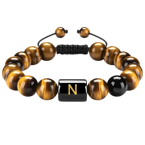 RWGSNB Edelstein Armband Damen, 10 Mm Natürliche Tigerauge Steinarmbänder mit Az Buchstaben Anfangsperlen Edelsteinarmband Handgefertigt Geflochten Lebendiger Kristall Armreif Schmuckgeschenke fü von RWGSNB