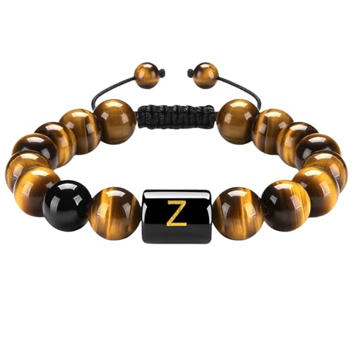 RWGSNB Edelstein Armband Damen, 10 Mm Natürliche Tigerauge Steinarmbänder mit Az Buchstaben Anfangsperlen Edelsteinarmband Handgefertigt Geflochten Lebendiger Kristallarmreif Schmuckgeschenke für von RWGSNB