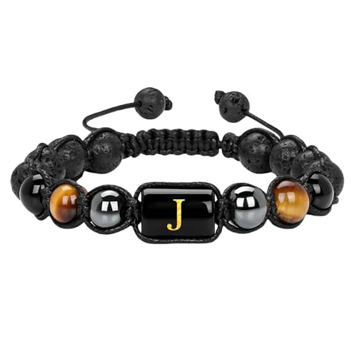 RWGSNB Edelstein Armband Damen, 10 Mm Tigerauge Obsidian Edelsteinarmbänder mit Az Buchstaben Perlenarmbänder Handgefertigt Geflochten Personalisierte Kristallarmreifen Schmuckgeschenk für Männe von RWGSNB