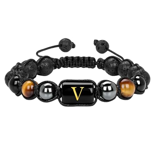 RWGSNB Edelstein Armband Damen, 10 Mm Tigerauge Obsidian Edelsteinarmbänder mit Az Buchstaben Perlenarmbänder Handgefertigt Geflochten Personalisierte Kristallarmreifen Schmuckgeschenk für Männe von RWGSNB