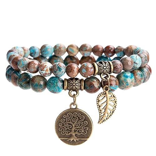 RWGSNB Edelstein Armband Damen, 2Er Pack Chakra Armbänder Set Mehrschichtige Echte Steine Boho Schmuck Armreifen mit Lebensbaum Anhänger Energie Edelstein Perlen Freundschaftsarmreifen Kristallsch von RWGSNB