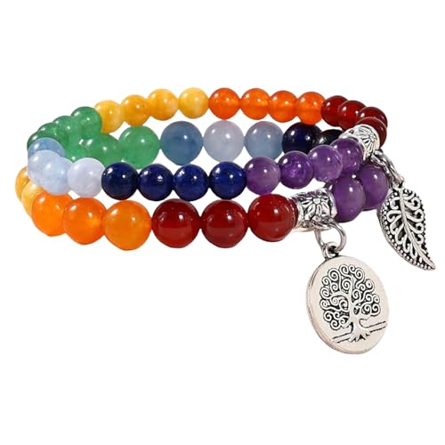 RWGSNB Edelstein Armband Damen, 2Er Pack Chakra Armbänder Set Mehrschichtige Echte Steine Boho Schmuck Armreifen mit Lebensbaum Anhänger Energie Edelstein Perlen Freundschaftsarmreifen Kristallsch von RWGSNB