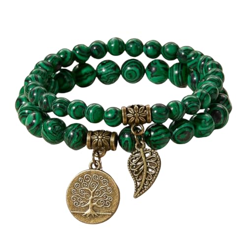 RWGSNB Edelstein Armband Damen, 2Er Pack Chakra Armbänder für Damen Herren Chakra Armreifen Aus Echten Steinen Edelsteinperlen mit Lebensbaum Anhänger Reiki Yoga Angst Armreifen Set Kristallschmu von RWGSNB
