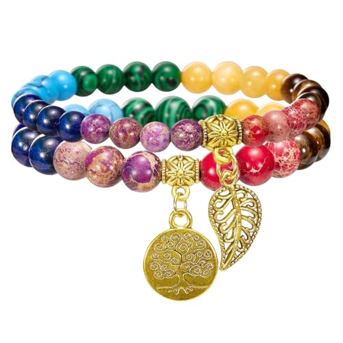 RWGSNB Edelstein Armband Damen, 2Er Pack Chakra Armbänder für Damen Herren Echte Chakra Steine Edelstein Perlen Armreifen mit Lebensbaum Anhänger Reiki Yoga Angst Armreifen Set Kristallschmuck 7 von RWGSNB