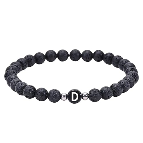RWGSNB Edelstein Armband Damen, 6 Mm Natürliche Schwarze Lavaperlen Steinarmbänder mit Az Buchstaben Zierliche Edelstein Anfangsarmbänder Dehnbarer Kristallarmreif Spiritueller Schmuck Geschenke von RWGSNB