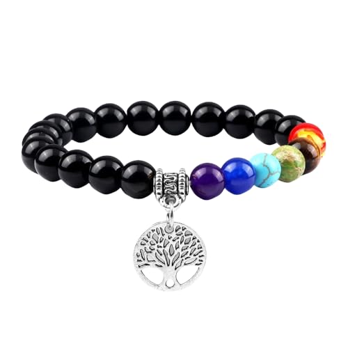 RWGSNB Edelstein Armband Damen, 7 Chakra Armband für Damen Herren Lebensbaum Chakra Echte Steine Angst Armreifen Natürlicher Edelstein Reiki Yoga Armreifen Energiekristall Schmuck Geschenke Schwar von RWGSNB