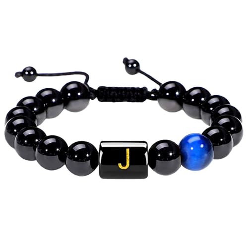 RWGSNB Edelstein Armband Damen, Armbänder Aus Natürlichem Schwarzem Achat Edelstein mit Den Buchstaben Az Personalisierte Perlenarmbänder mit Initialen Verstellbare Geflochtene Kristallarmreifen von RWGSNB