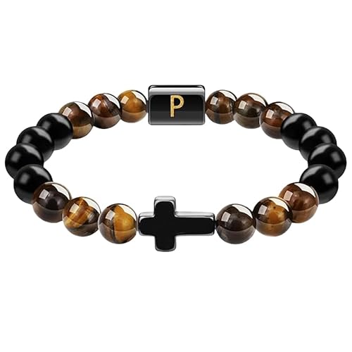 RWGSNB Edelstein Armband Damen, Armbänder Aus Natürlichem Schwarzem Achat Edelstein mit Den Buchstaben Az Personalisierte Perlenarmbänder mit Initialen Verstellbare Geflochtene Kristallarmreifen von RWGSNB