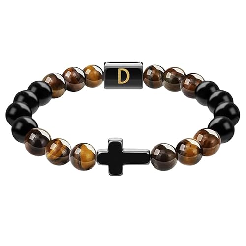 RWGSNB Edelstein Armband Damen, Armbänder Aus Natürlichem Schwarzem Achat Edelstein mit Den Buchstaben Az Personalisierte Perlenarmbänder mit Initialen Verstellbare Geflochtene Kristallarmreifen von RWGSNB