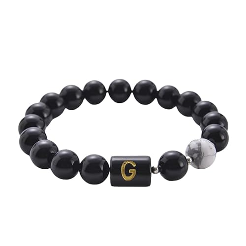 RWGSNB Edelstein Armband Damen, Armband Aus Natürlichem Schwarzem Lava Edelstein mit Dem Buchstaben Az Personalisiertes Armbänder mit Initialen Dehnbar Armreifen Aus Weißem Türkisstein Kristalls von RWGSNB