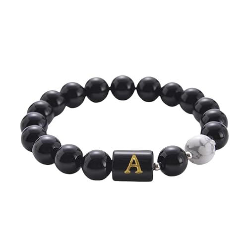 RWGSNB Edelstein Armband Damen, Armband Aus Natürlichem Schwarzem Lava Edelstein mit Dem Buchstaben Az Personalisiertes Armbänder mit Initialen Dehnbar Armreifen Aus Weißem Türkisstein Kristalls von RWGSNB