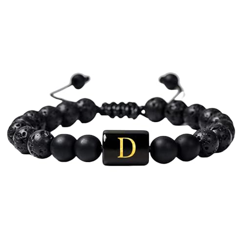 RWGSNB Edelstein Armband Damen, Damen Herren Perlen Edelsteinarmband mit Dem Buchstaben Az Natürliches Schwarzes Lava Achat Steinarmband Verstellbares Geflochtenes Seil Initialen Armreifen Kristall von RWGSNB