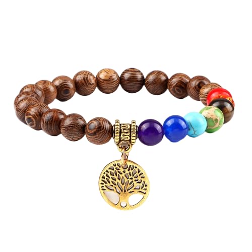 RWGSNB Edelstein Armband Damen, Echte Steine Chakra Armband mit Lebensbaum Reiki Yoga Armreifen Natürlicher Edelstein Chakra Steine Angst Armreifen Energie Kristall Schmuck Geschenke für Frauen M von RWGSNB
