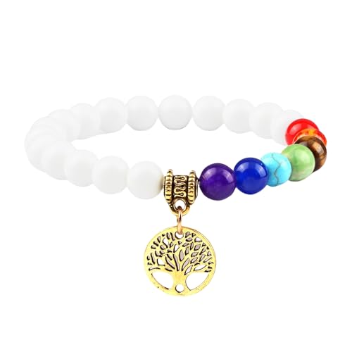RWGSNB Edelstein Armband Damen, Echte Steine Chakra Armband mit Lebensbaum Reiki Yoga Armreifen Natürlicher Edelstein Chakra Steine Angst Armreifen Energie Kristall Schmuck Geschenke für Frauen M von RWGSNB