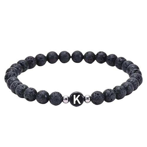 RWGSNB Edelstein Armband Damen, Edelstein Perlen Anfangsarmband für Paare 6 Mm Natürliche Schwarze Lavastein Armbänder mit Az Buchstaben Dehnbarer Spiritueller Kristallarmreif Zierliche Schmuckge von RWGSNB