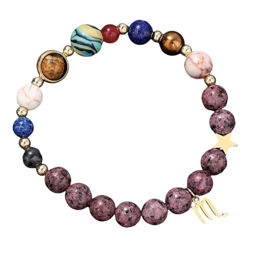 RWGSNB Edelstein Armband Damen, Edelsteinarmband mit Sonnensystem und Anhänger mit 12 Sternbildern 8 Mm Natürliche Violette Granitperlen Steinarmbänder Schutzkristall Armreifen für Männer und F von RWGSNB