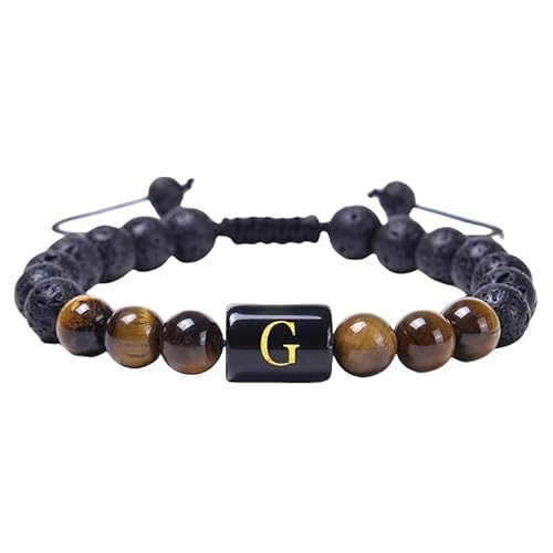 RWGSNB Edelstein Armband Damen, Herren Damen Initialen Perlenarmbänder Natürlicher Schwarzer Onyx Tigerauge Stein Armband Az Buchstabe Handgefertigt Geflochtenes Armband Edelstein Armreifen Person von RWGSNB